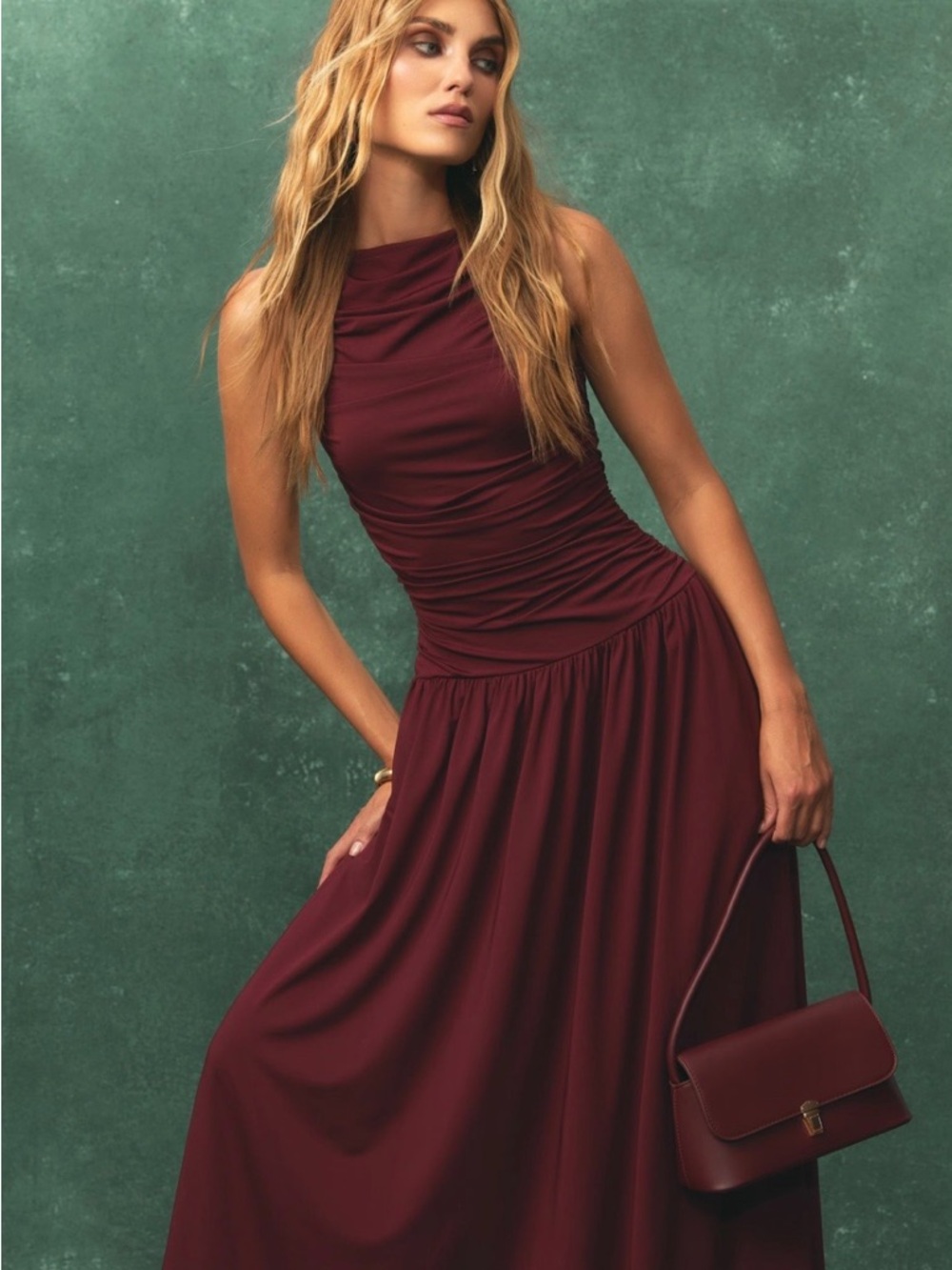 Sleeveless Ruched Maxi Dress in Wine